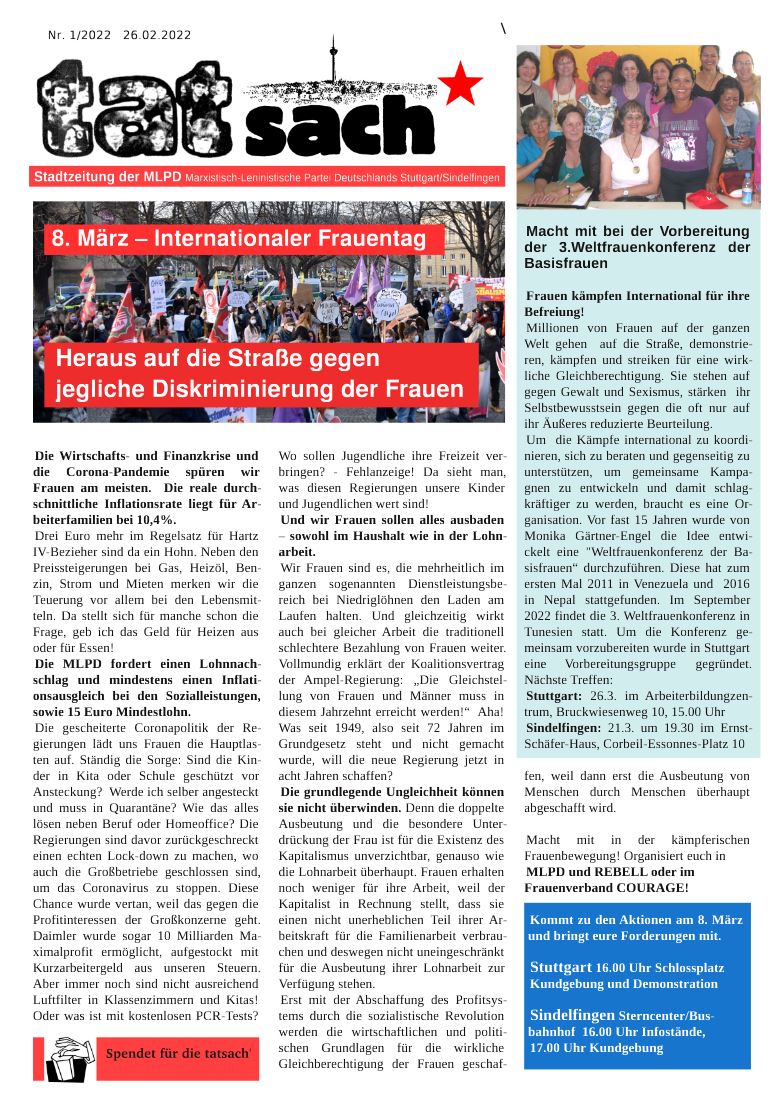"Tatsach" 1/2022 - Stadtzeitung der MLPD Stuttgart/Sindelfingen